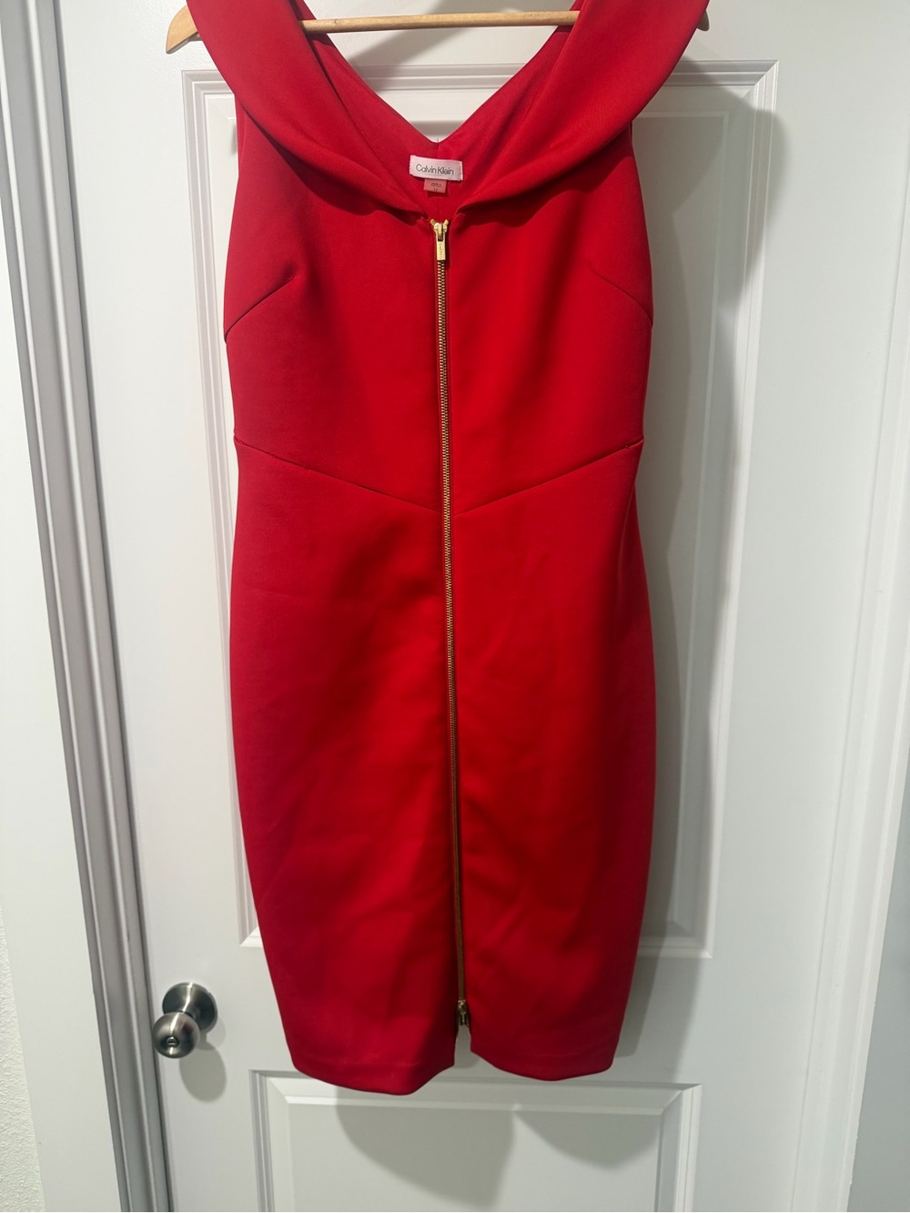 Calvin Klein Vibrant Red Sheath Dress with Gold Zip